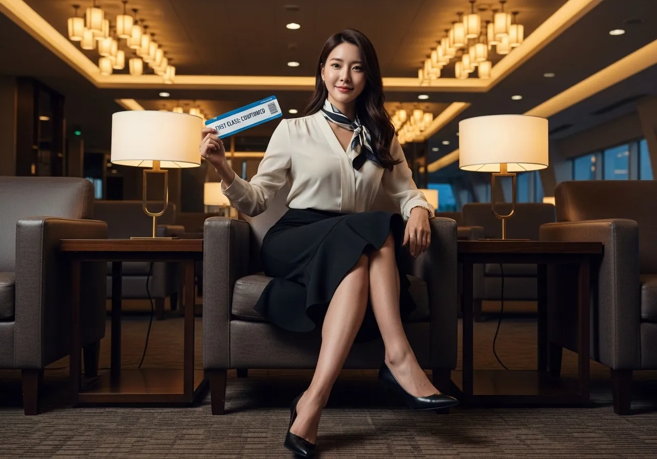에어캐나다 라운지에서 '에어로플랜 슈퍼 엘리트' 등급이 표시된 탑승권을 들고 있는 우아한 여성
