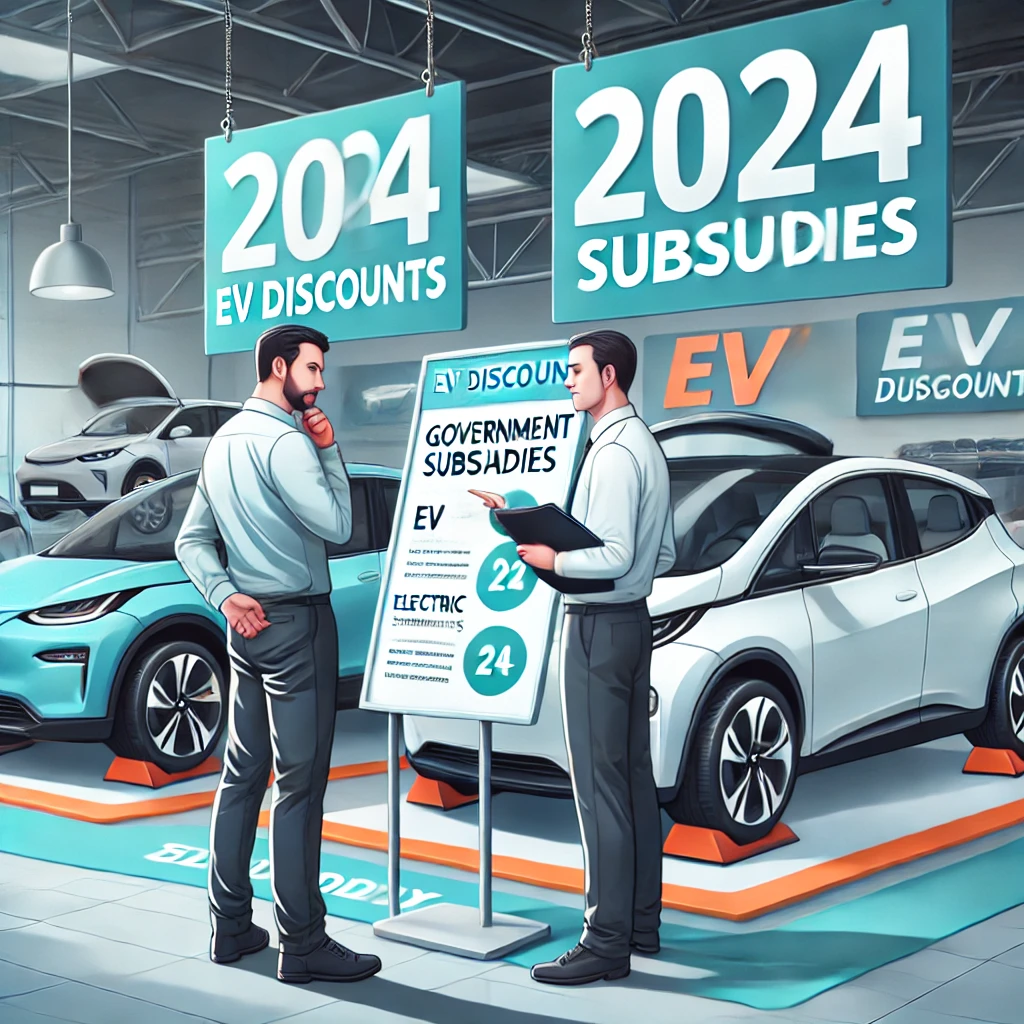 2024년 전기차 보조금과 할인을 제공하는 전기차 딜러십. 'EV 할인'과 '2024 보조금'이라는 배너가 보이고, 고객들이 전시된 전기차를 살펴보는 장면. 영업사원이 보조금 세부 사항을 설명하고 있다.