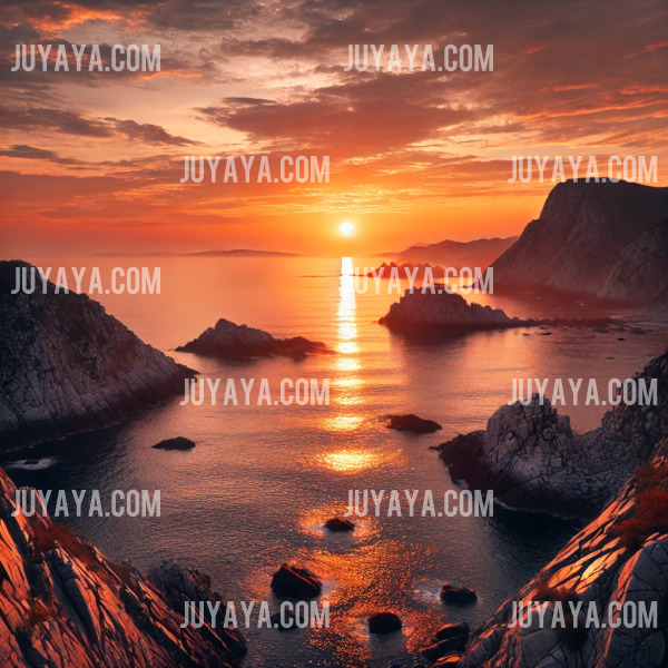 A tranquil sunset over the ocean with the warm glow reflecting on the water and rocky cliffs on Cheongsando Island.