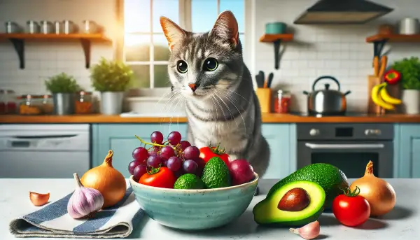 고양이가 부엌 카운터 위에서 위험한 과일과 채소를 바라보는 모습.