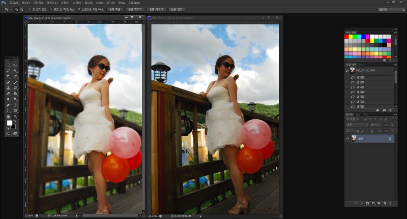 원본사진과 보정된 사진을 같이 불러온 화면