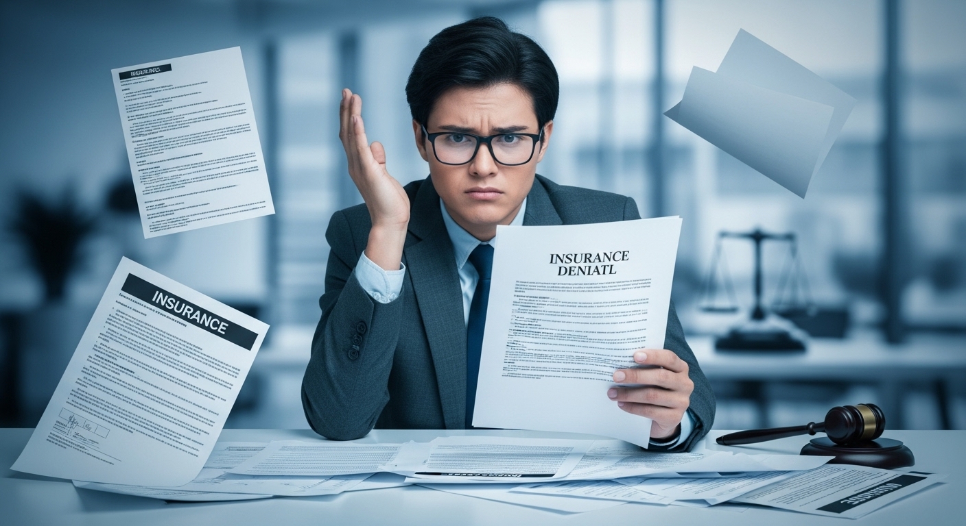 실손보험금 미지급 통보를 받고 서류더미 앞에서 난감해하는 사람의 모습