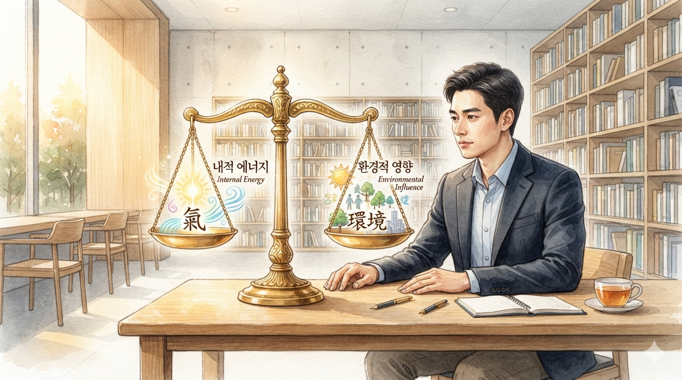 서재에서 균형을 측정하는 한국인 남성의 수채화 이미지를 통해 신강신약의 원리를 표현