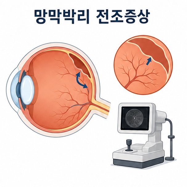 눈과 망막의 단면 그림을 배치하고 ‘망막박리 전조증상’이라는 제목을 표시한 안과 건강 정보 대표 이미지
