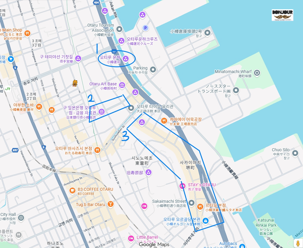오타루 여행과 관련한 예상 코스에 대하여 그려본 지도 이미지