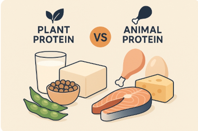 식물성 단백질(두부, 콩, 에다마메, 식물성 우유)과 동물성 단백질(연어, 닭다리, 달걀, 치즈)을 중앙 &lsquo;VS&rsquo; 기호를 기준으로 나눈 평면 일러스트