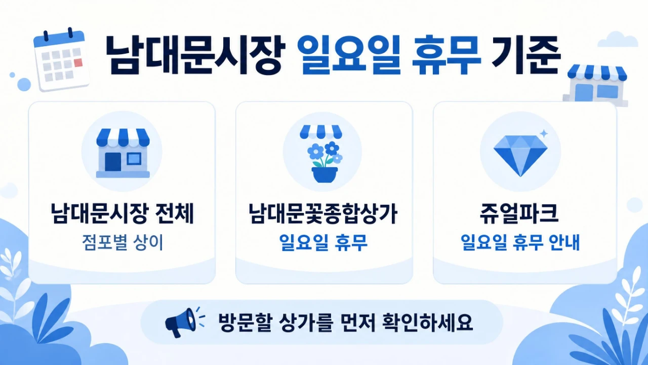 남대문시장 전체와 꽃시장 쥬얼파크의 일요일 휴무 여부 비교
