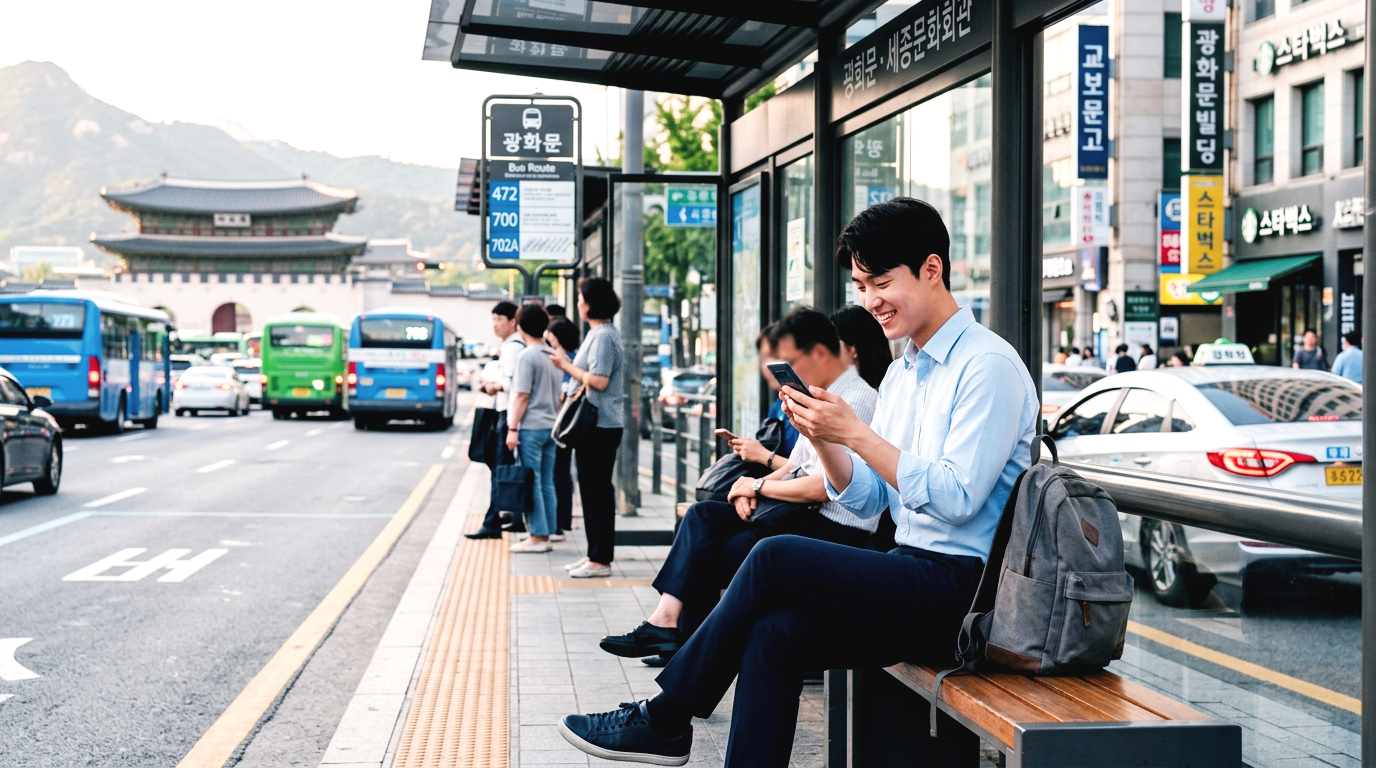 서울 광화문 버스 정류장에서 스마트폰으로 근로장려금 신청 확인을 하며 기뻐하는 한국인 청년의 모습