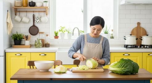 밝은 주방에서 양배추를 다듬는 주부