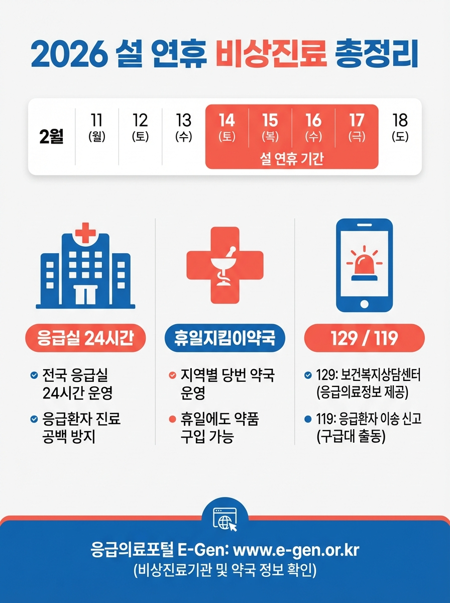 2026 설 연휴 비상진료 총정리 - 응급실, 휴일지킴이약국, 129/119 안내