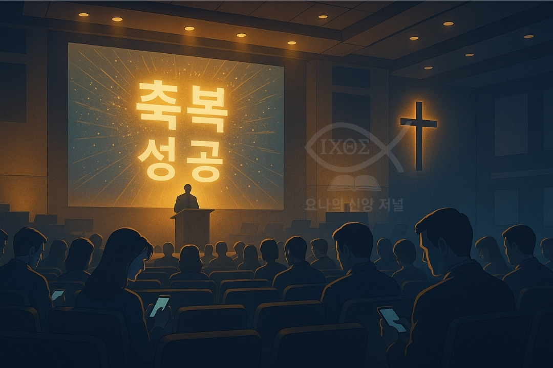 [물질 만능에 젖어드는 한국 교회 ②] 예배당 대형 스크린에 강조된 성공의 메시지를 통해 기복주의로 변질된 현대 교회의 실상을 선포한다. 물질적 풍요를 신앙의 목적으로 삼는 왜곡된 신앙의 실제를 나타낸다. 요나의 신앙 저널