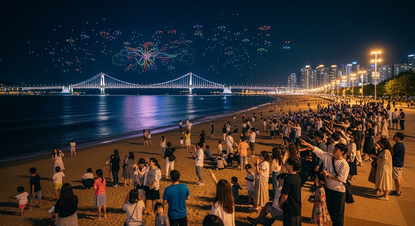 광안리 해변에서 가족과 연인들이 2025년 드론쇼를 즐기며 밤하늘을 올려다보는 활기찬 모습.