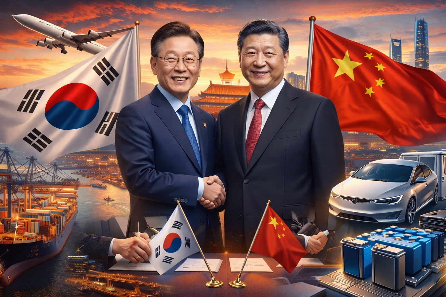 이재명 대통령 중국 국빈방문과 한중 정상회담, 비즈니스 포럼 및 수혜 산업을 상징하는 이미지