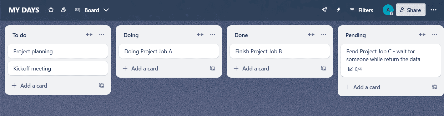 개인 일정 관리에 특화된 Trello 보드 예시 화면