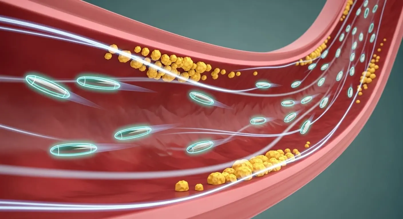 오메가-3 지방산이 혈관 속을 흐르며 혈액을 깨끗하게 하는 모습을 추상적으로 표현한 그림.