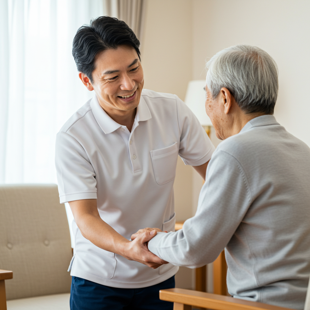 요양보호사가 노인을 위해 부축하는 모습