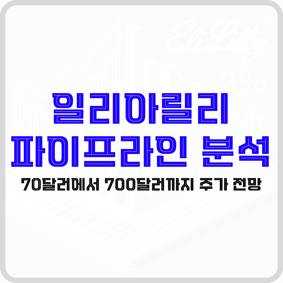 '일리아릴리 파이프라인 분석 70달러에서 700달러까지 주가 전망'라는 문구가 투명한 배경에 오른쪽 위에 일리아릴리 기업로고가 투명하게 보이는 가운데 파란색, 검은색 굵은 글자로 강조되고 있습니다.