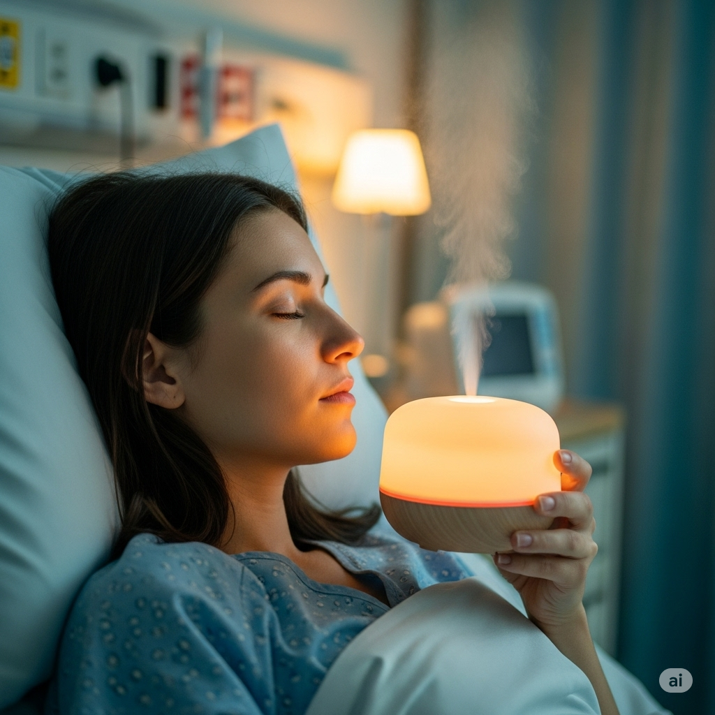 병원 환경에서 스트레스와 불안을 겪고 있는 환자의 모습