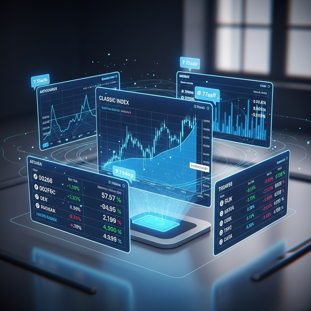 홀로그램 스크린에 주식 차트와 금융 데이터가 표시된 미래 지향적인 AI 투자 비서 인터페이스. 파란색 계열의 색상이 주를 이루며 혁신적인 금융 기술을 보여줍니다.