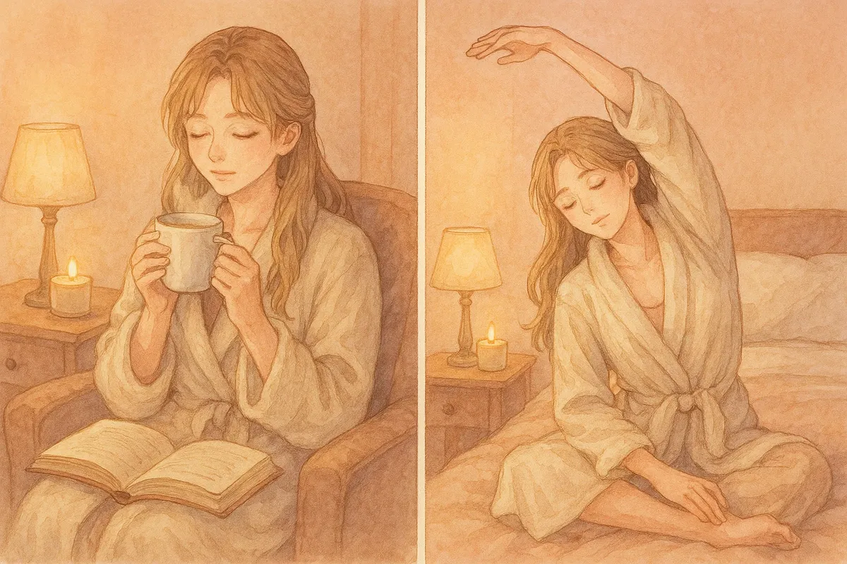 불안을 완화하고 수면을 유도하는 저녁 루틴을 실천하는 여성 일러스트