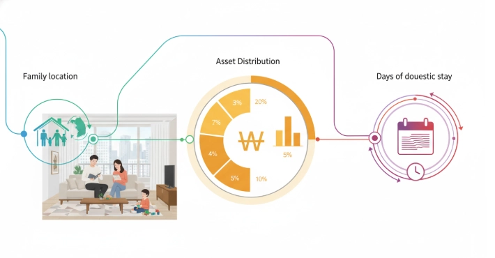 한국 거주자 판정 기준의 주요 요소인 생계 가족 소재지, 자산 비중, 국내 체류 일수를 추상적인 아이콘과 그래프로 표현한 인포그래픽