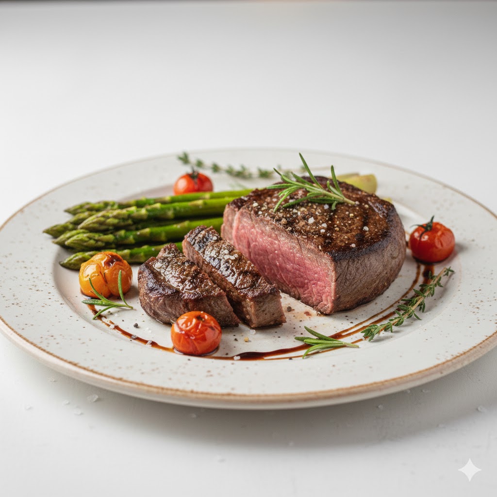 육즙 가득한 스테이크 옆에 나란히 놓여 요리의 격을 높여주는 고급스러운 아스파라거스 가니쉬