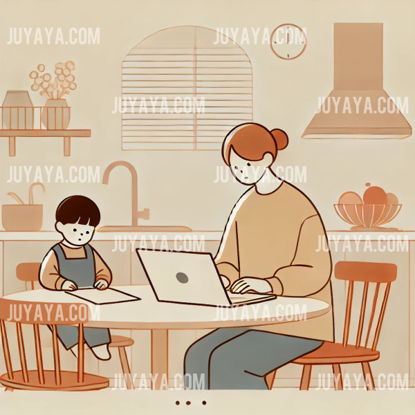 육아휴직 활용법 : 육아휴직 중 부모가 주방 테이블에서 노트북으로 공부하고&amp;#44; 아이는 옆에서 놀고 있는 모습. 따뜻하고 간결한 배경으로 표현된 웹툰 스타일.