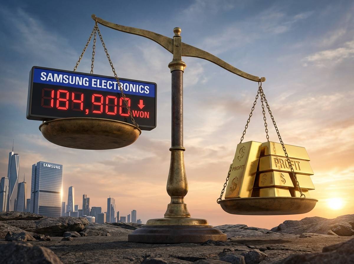 거대한 저울의 한쪽에는 삼성전자의 현재가 184,900원이 있고 다른 쪽에는 황금색 이익 덩어리가 있어 저울이 이익 쪽으로 크게 기운 모습