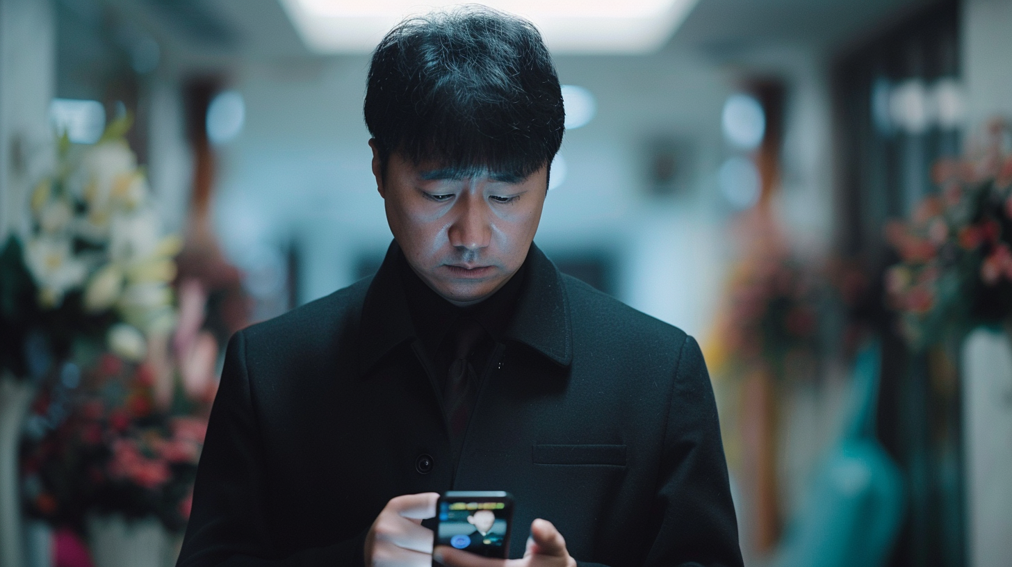 장례식장에서 검은옷을 입고 직장에 연락하는 직장인