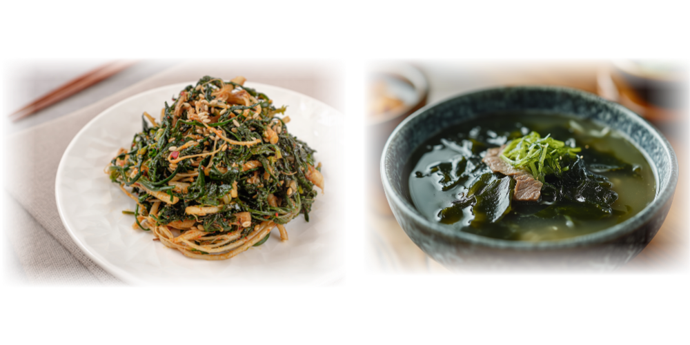냉이무침과 소고기 미역국을 조리한 모습