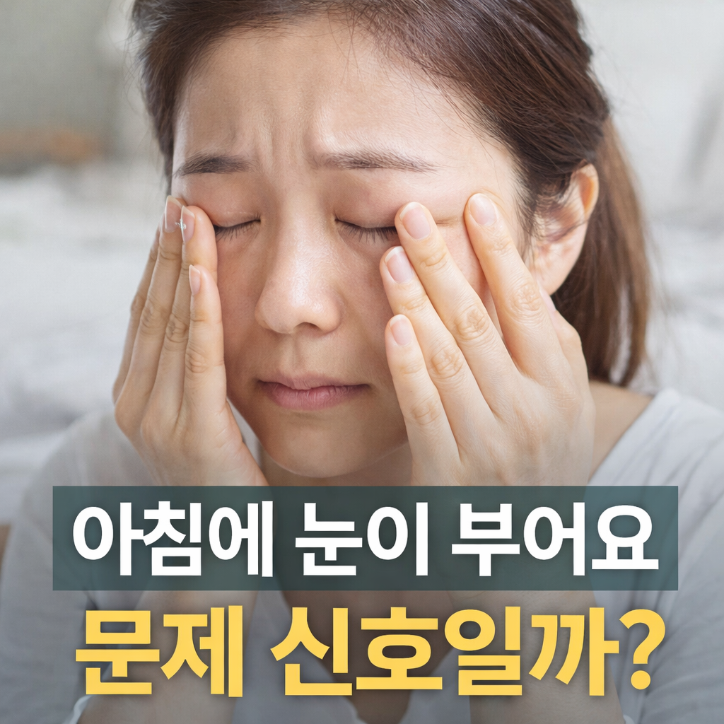 아침에 눈이 부어 불편해하는 여성의 모습으로 눈 붓기 원인을 설명하는 실사형 썸네일 이미지