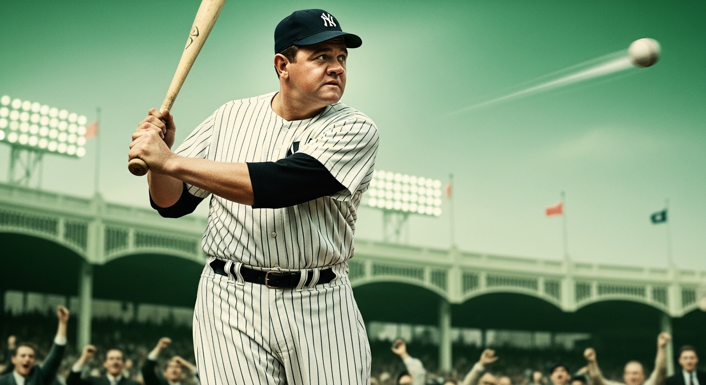 베이브 루스가 야구장을 배경으로 강력한 스윙으로 홈런을 치는 역사적인 순간, 전설적인 야구 선수 베이브 루스의 위대함을 상징하는 이미지.