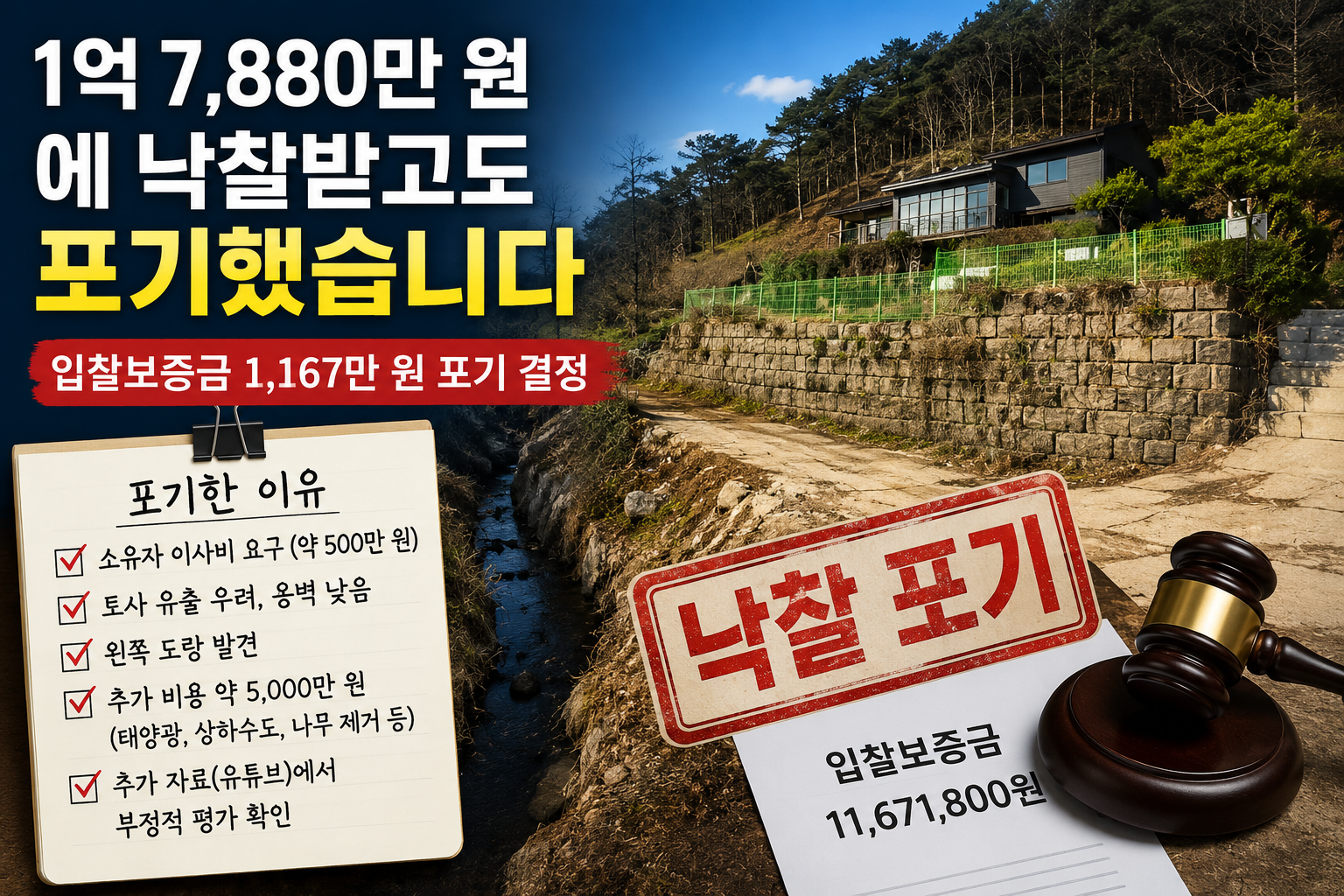 1억 7,880만 원에 낙찰받은 단독주택을 현장실사 후 포기한 실제 사례, 입찰보증금 1,167만 원을 포기한 이유와 현장실사의 중요성을 설명한 대표이미지