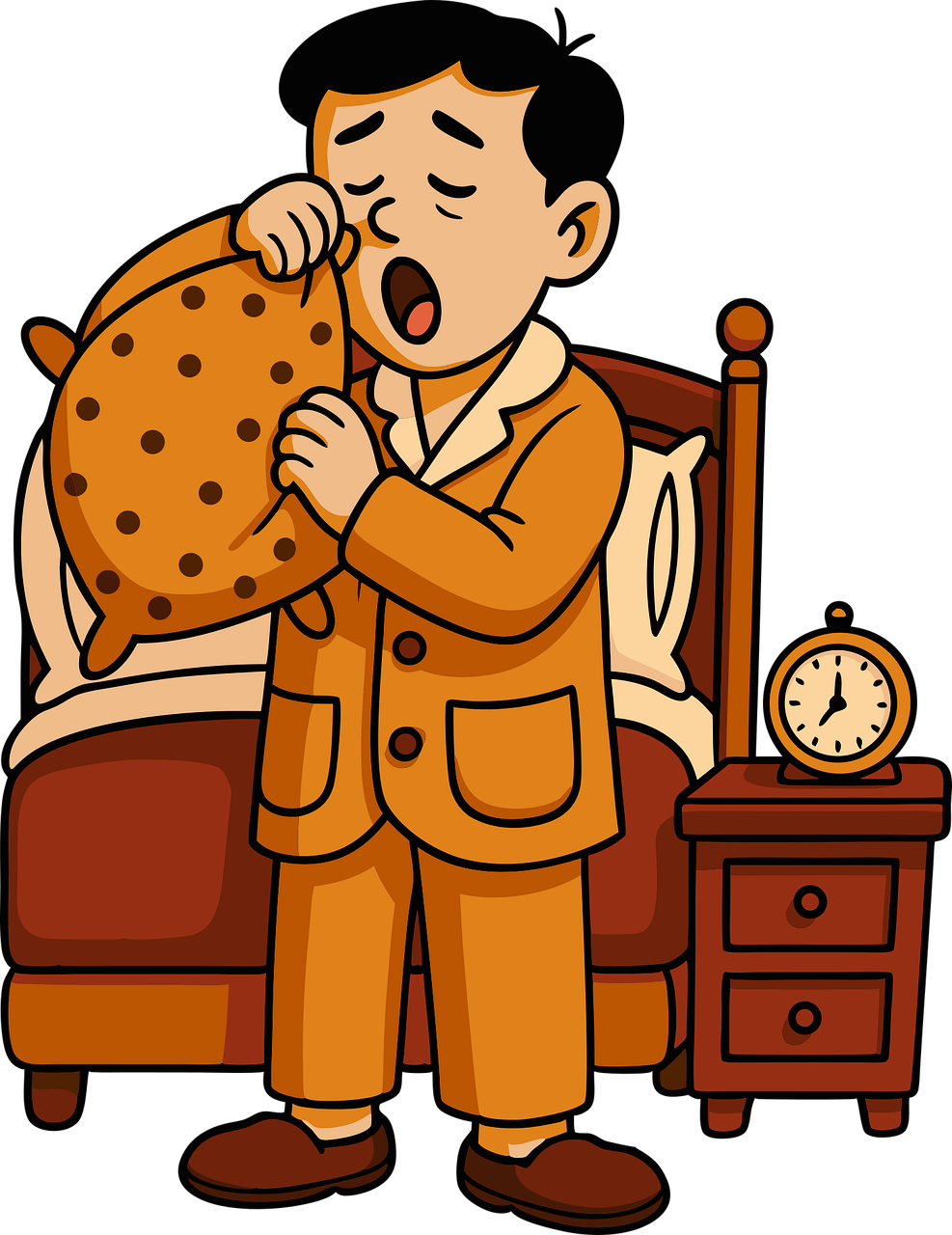 침대 위에서 하품하는 남자