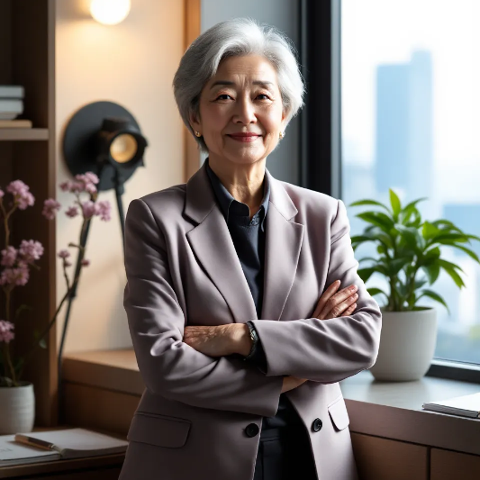 60대-여성이-정장을-입고-사무실에서-미소-짓고-있음