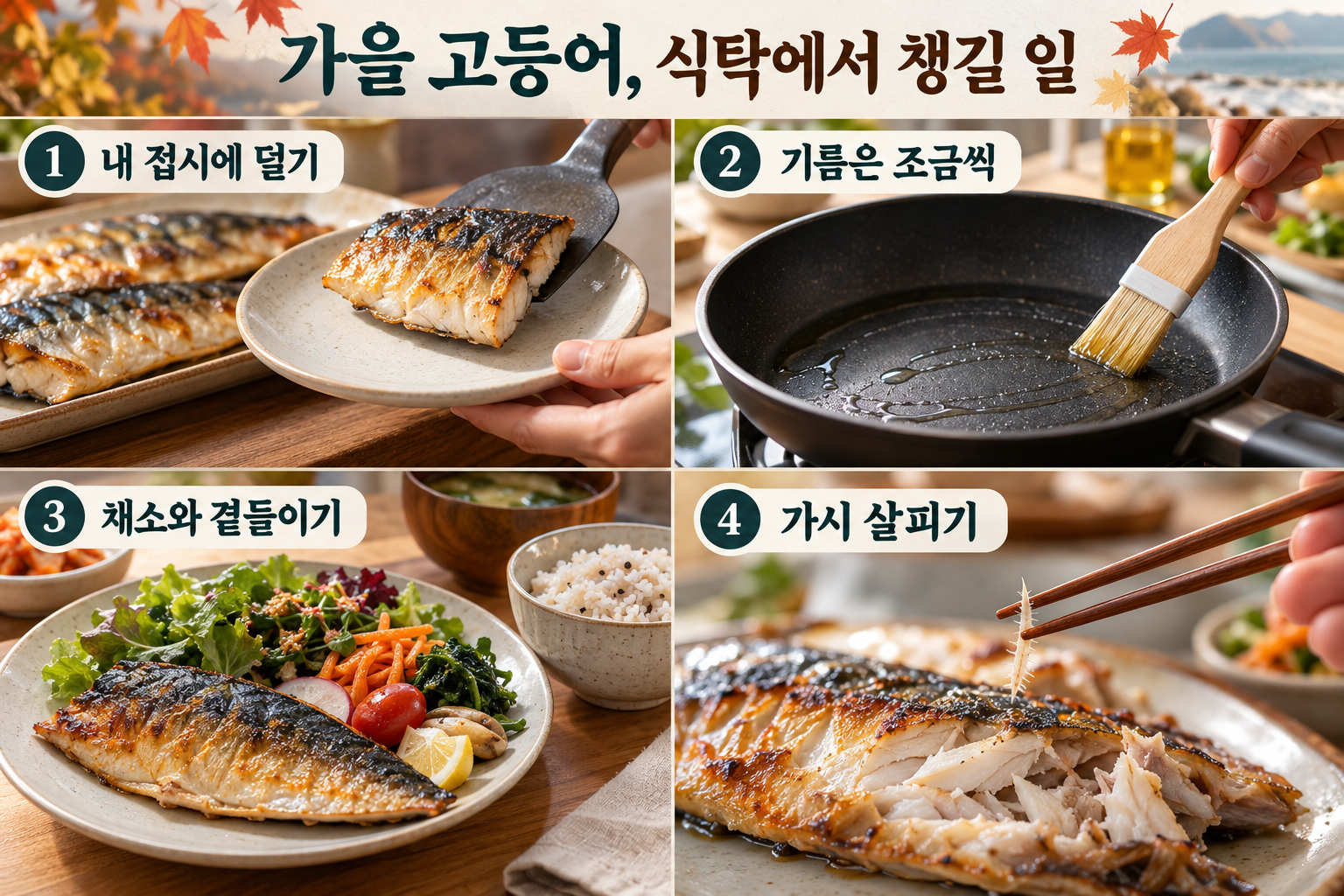 내 접시에 덜기&middot;기름 조절&middot;채소 곁들이기&middot;가시 살피기의 네 실사 장면.