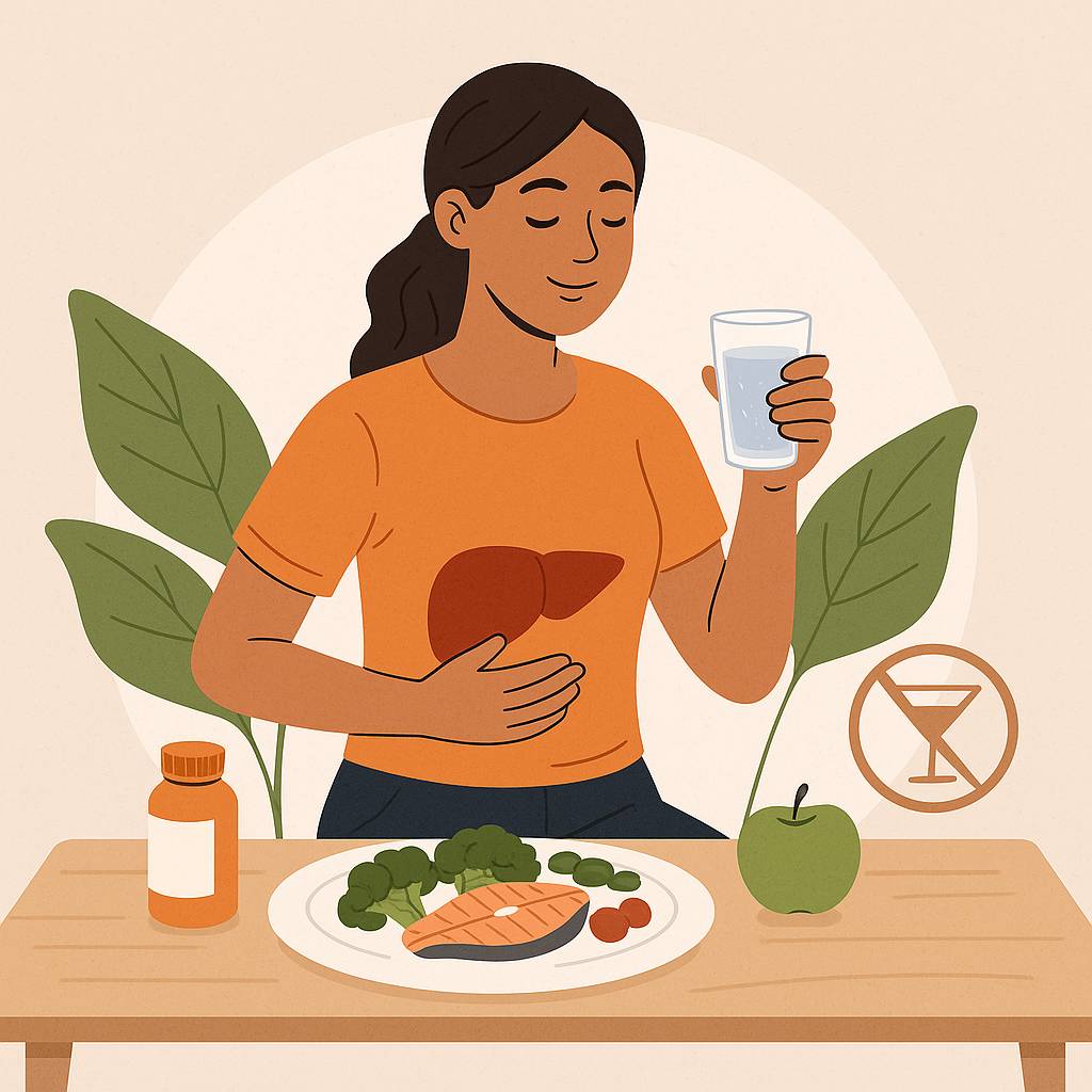 건강한 간을 위한 식습관과 물 섭취, 음주 제한을 실천하는 여성의 모습