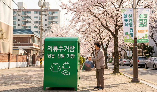 봄 벚꽃 거리에서 중년 여성이 의류수거함에 헌옷을 넣는 모습