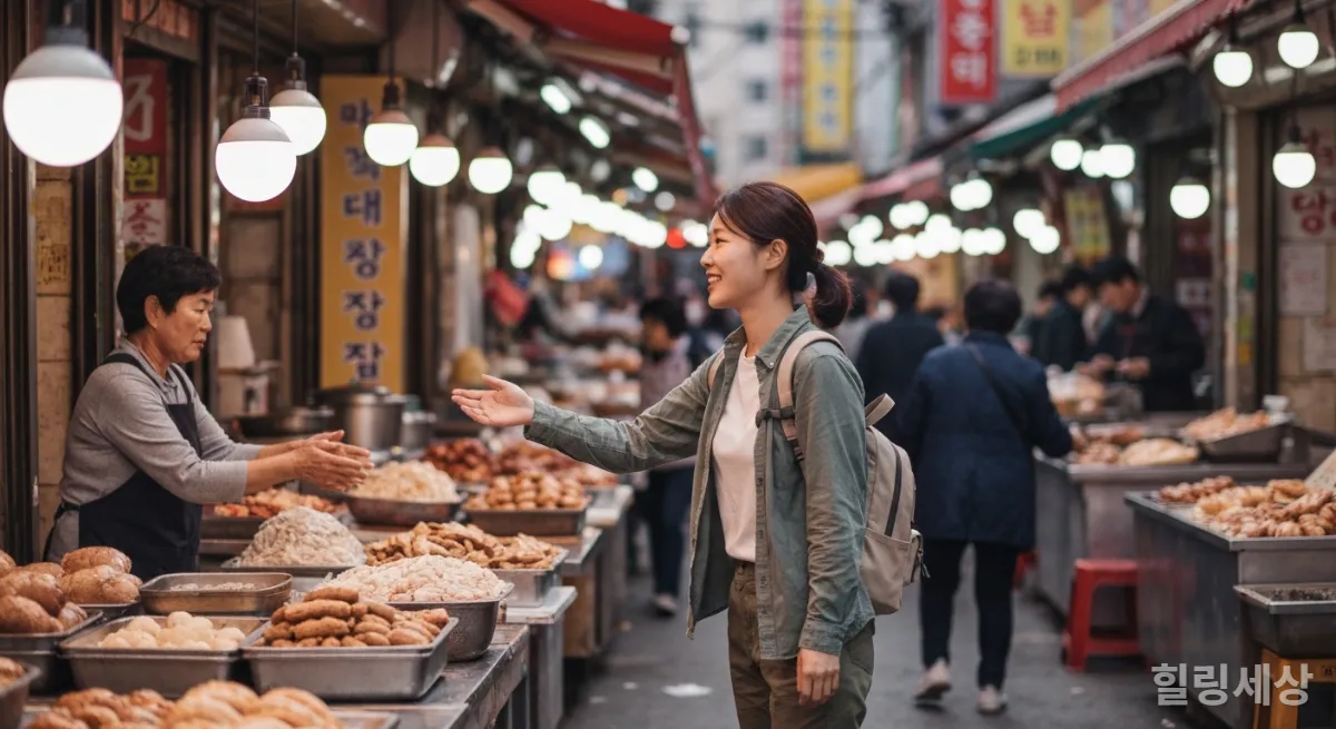 활기찬 한국 전통 시장에서 길거리 음식을 구경하며 현지 상인과 소통하는 여성 혼자 여행객