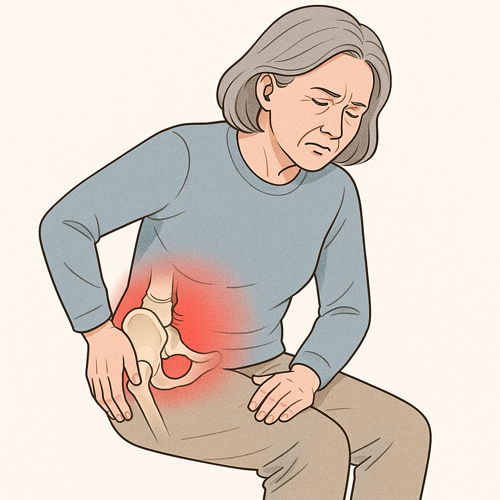 고관절 통증으로 다리를 부여잡고 있는 여성(출처:자체제작)