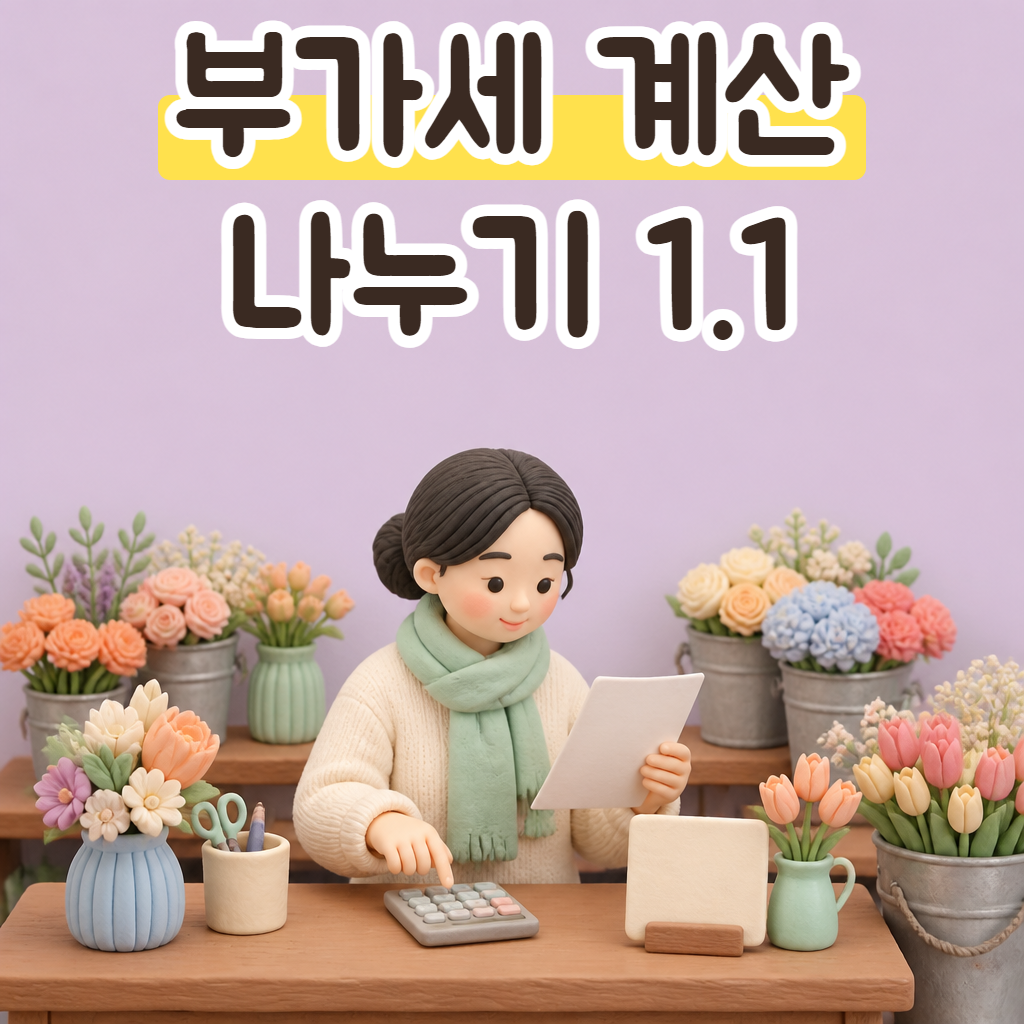 작은 꽃집 계산대에서 견적서를 들고 계산기를 두드리는 성글이