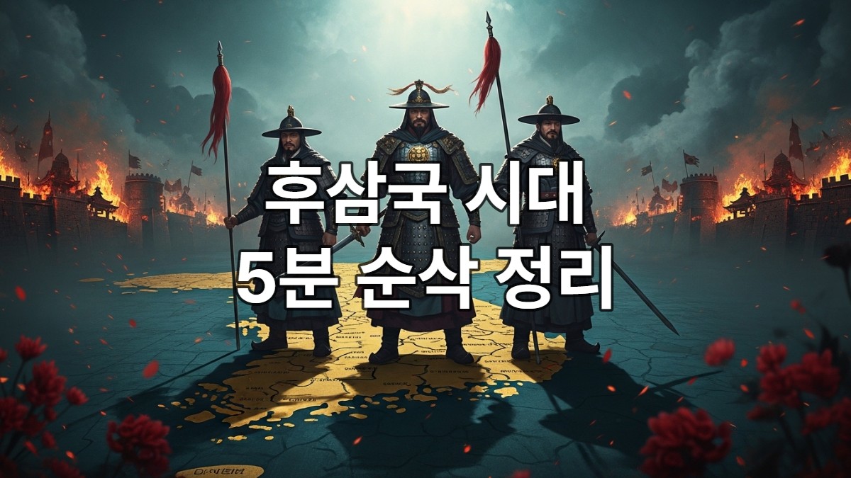 후삼국 시대의 영웅 왕건, 견훤, 궁예의 실루엣과 한반도 지도가 어우러진 역사적 일러스트