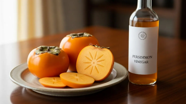 식탁위에 잘 익은 감과 감식초가 담겨져 있는 병이 놓여져 있음