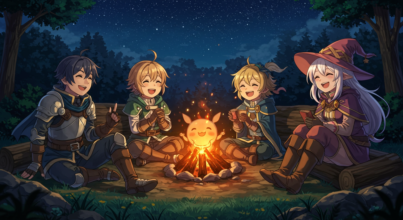 캠프파이어 주위에 모여 함께 웃고 떠드는 파티