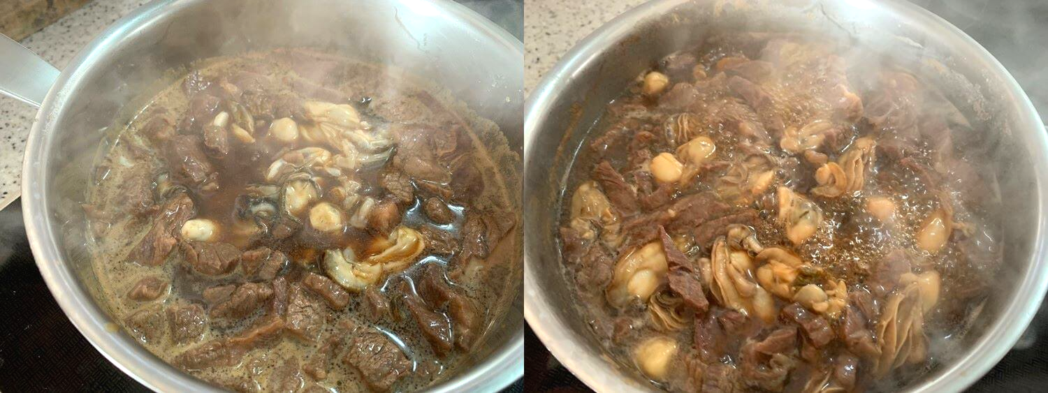 국간강&#44; 소고기&#44; 굴을 함께 끓이는 사진