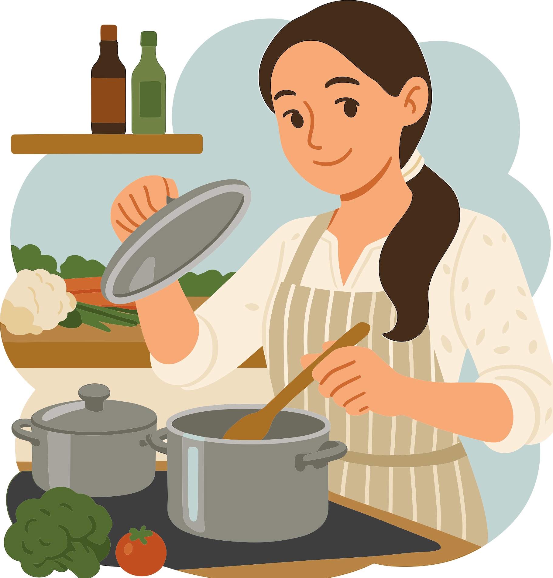 앞치마를 두르고 주방에서 요리하는 여성-정갈하게 머리를 묶은 모습으로 요리하고, 정리된 주방 환경이
깔끔한 만화 이미지