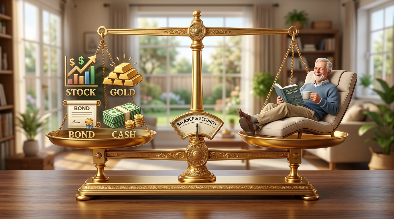 주식, 금, 채권, 현금이 25%씩 균형을 이룬 '영구 포트폴리오' 저울 위에서 평온하게 노후를 즐기는 은퇴자의 모습