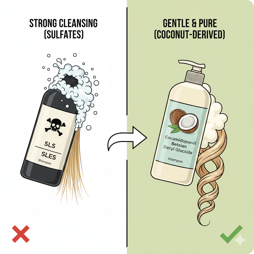 설페이트가 가득한 강한 세정력의 샴푸와 코코넛 유래 성분의 순한 샴푸를 대비하는 비교 일러스트