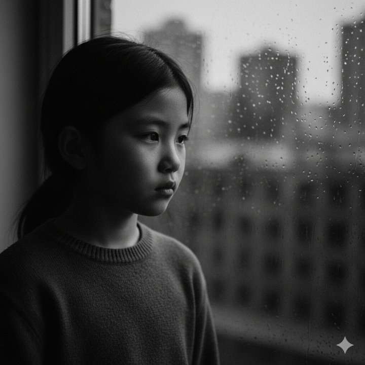차가운 표정으로 창밖을 응시하는 소녀