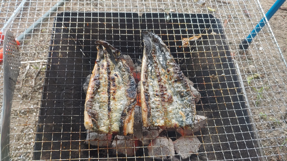 겉면이 노릇하게 익은 민물장어가 석쇠에서 구워지는 모습